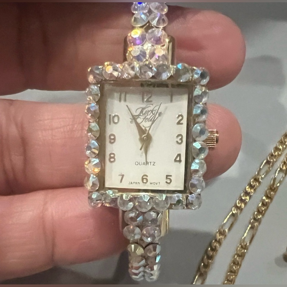 Kirk’s Folly Crystal Bangle Watch – Gold‑Tone – Rectangular Face